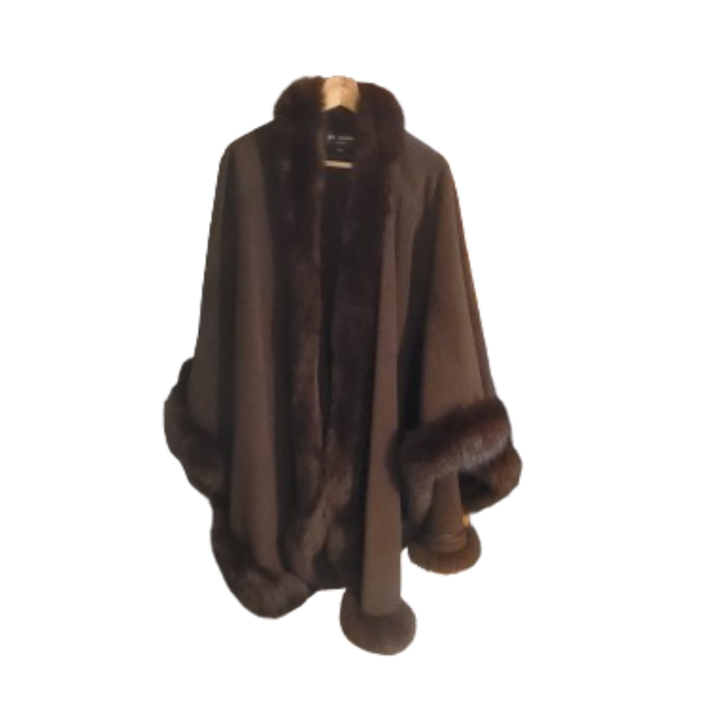 St John Wool Cashmere Cape With Fur Trim Chocolate Brown